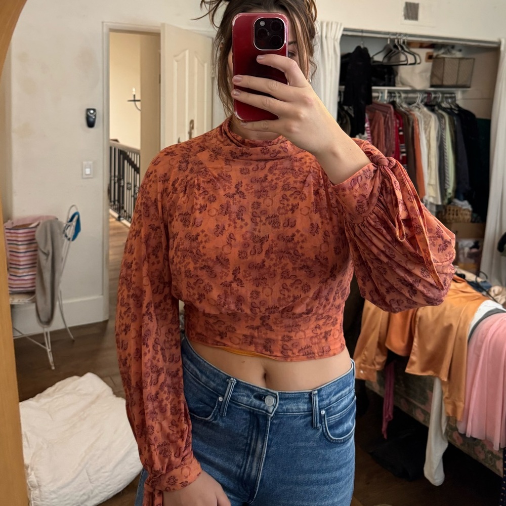Free People Orange Puff Sleeve Crop Blouse